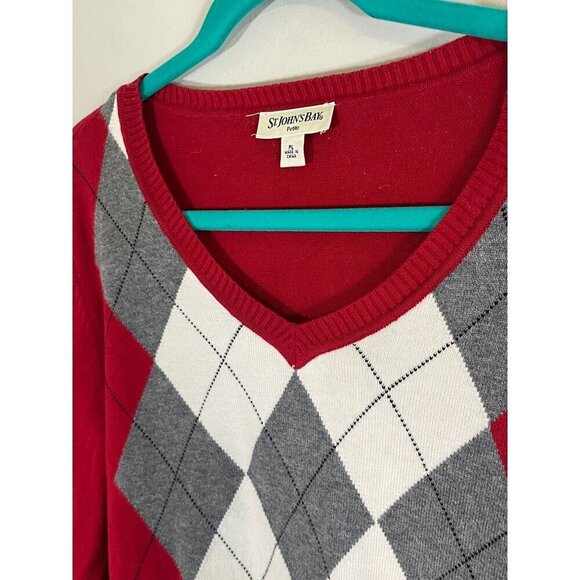 St Johns Bay Argyle Knit Sweater PL Red Preppy Varsity Retro 80s Old Money - Picture 4 of 11